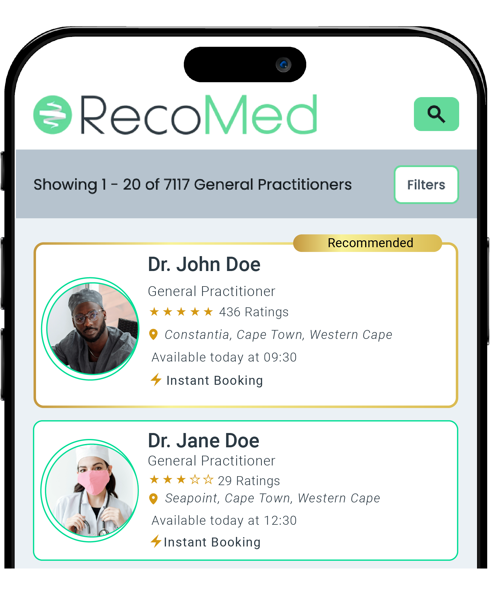 Image of a smartphone displaying the RecoMed highlighted listing