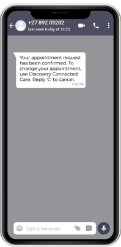Image of a smartphone displaying a SMS conversation between a RecoMed practitioner and a patient