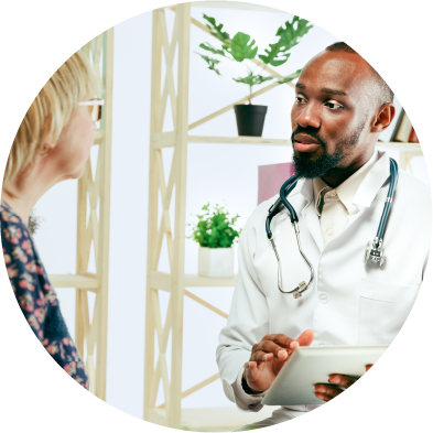 Image of a practitioner and a patient chatting
